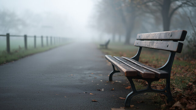 A storytelling frame centered on peaceful morning: timeless bench in a misty cityscape,