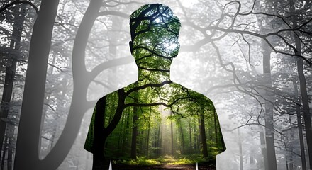 Silhouette of a person filled with a forest scene against a blurred forest background