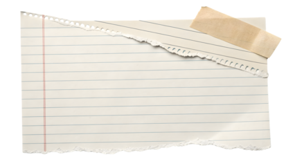 Torn lined paper sheet with tape isolated on transparent background