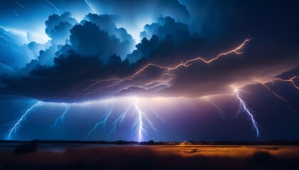 big long lightning during the storm in the night sky among clouds