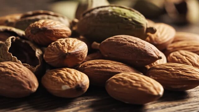 Closeup of a pile of almonds some shelled some unshelled on a rustic wooden surface.