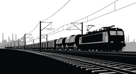 Freight train with electric locomotive on tracks train, freight train, locomotive, system, energy, background, power, logistics, electric, railway, industrial, distance, design, locomotive, tracks, sp