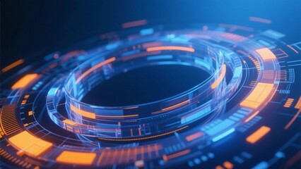 Blue and orange gradient technology, complex light effects form a cycle of interwoven flowing shapes