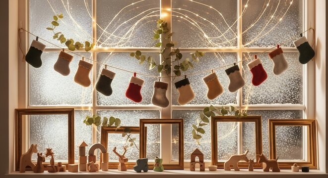 Cozy winter window scene with stockings fairy lights picture frames  wooden toys