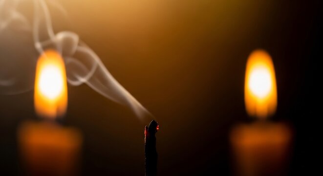 Dark scene with smoking candle wick between two blurred glowing candles