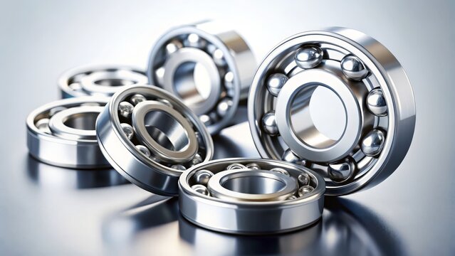 Close up view of chrome ball bearings on a reflective surface