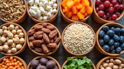 Diverse assortment of raw grains and legumes in bowls
