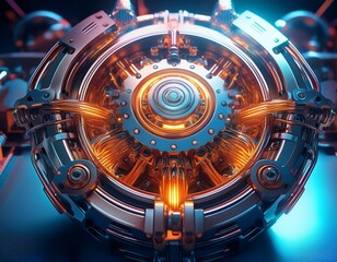 futuristic metallic engine rotating with complex gears and pistons