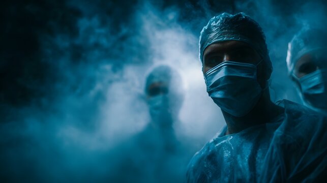 Medical professionals in protective gear stand amidst a thick blue fog creating a dramatic and mysterious atmosphere