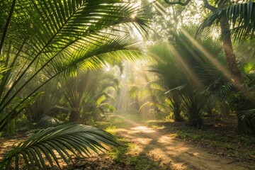 Sunlight streaming through palm fronds in a tropical forest