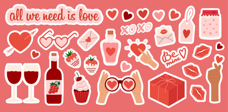 Valentine's day sticker pack. Love elements set. Hearts, gifts, sweets, cake, envelopes and other romantic symbols. Flat Vector illustration isolated