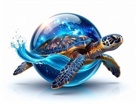 A majestic sea turtle gracefully swims through a splash of water, emerging from a crystal orb that contains a cosmic galaxy and starry universe