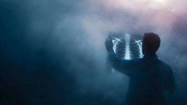 A medical professional holds an illuminated X ray of a rib cage surrounded by atmospheric mist