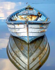 An old, weathered rowboat is floating on calm water, perfectly reflected in the surface. The boat's blue and white paint is faded, and there's some rust visible.