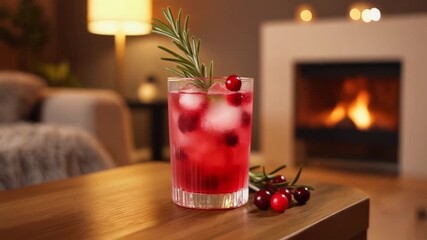 Cozy Cranberry Cocktail by the Fireplace with Rosemary Garnish