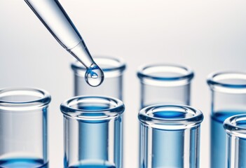 Droplet of liquid falling from a pipette into test tubes filled with blue solution