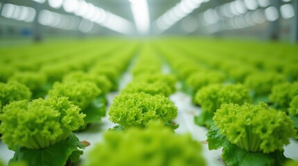 Rows of green lettuce growing in a vertical farming facility
