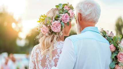 Beautiful back view of senior couple embracing at sunny outdoor wedding, with bride wearing floral wreath and groom holding bouquet of pink roses