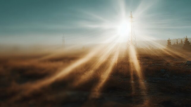 Golden sun rays pierce through fog over a rural landscape with power pylons