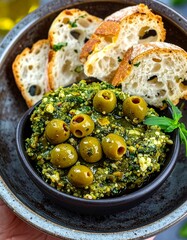 A bowl of green dip garnished with olives and served with toasted bread slices. The dish is presented on a dark plate, suggesting a culinary presentation.