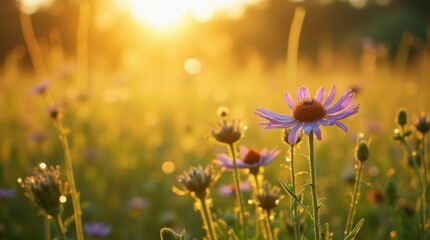 Fototapeta premium Sunlit wildflower meadow with morning dew on petals 