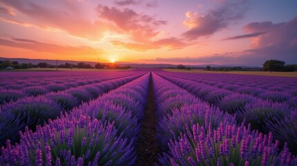 Vibrant lavender field rows leading to a dramatic sunset
