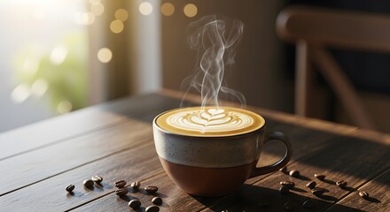 Steaming latte art coffee cup on a wooden table with scattered coffee beans and bokeh background light