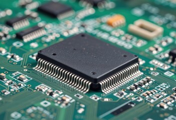 Close-up of a microchip on a green circuit board with intricate details