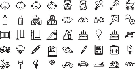 Adorably Cute Baby, Childhood, and Nursery Line Icon Set: Newborn, Toys, Feeding Bottle, Playground, Teddy Bear, and Birthday Celebration Vector Graphics. eps