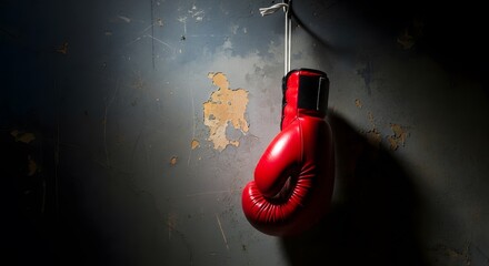 A single red boxing glove hanging on a hook against a distressed and dimly lit wall surface