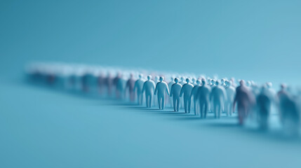 Endless line of blue figures extends into distance demonstrating organized sequential queue formation.
