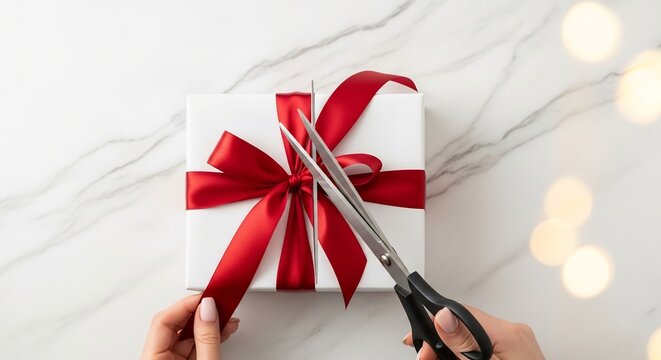Hands cutting a red ribbon on a white gift box set on a marble surface with bokeh lights