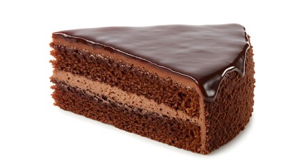 Decadent slice of rich chocolate cake with glossy ganache topping