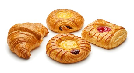 Delicious assortment of freshly baked pastries and a golden croissant on a clean white background.
