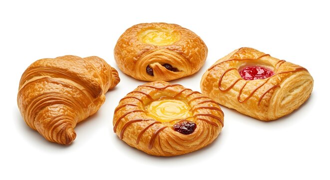 Delicious assortment of freshly baked pastries and a golden croissant on a clean white background.