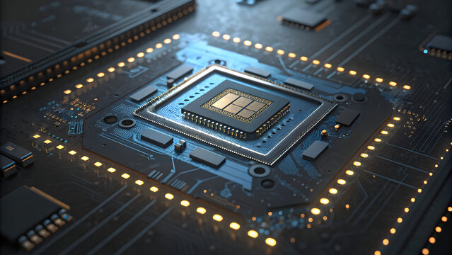 Closeup of a modern computer processor on a circuit board, showcasing the intricate details of technology and engineering