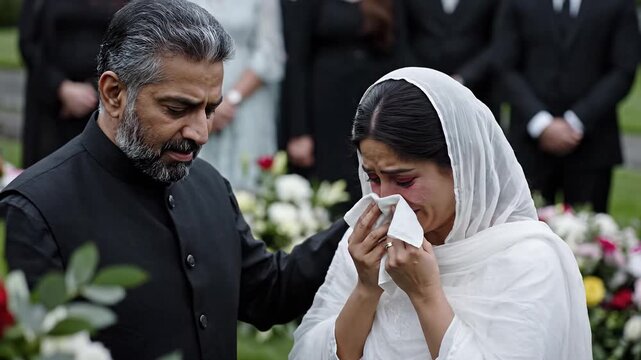 Father consoling adult daughter at funeral ceremony, outdoor cemetery service with floral tributes, woman in white headscarf crying into tissue, supportive hand on shoulder