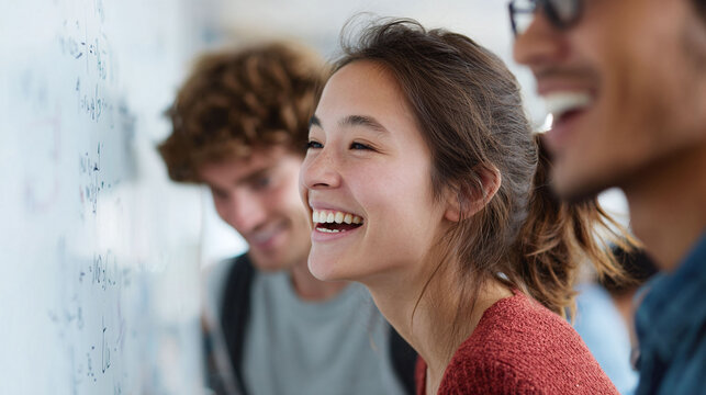Three smiling students collaborate on a math problem displayed on a whiteboard. Represents teamwork, education, achievement, and shared success. Ideal for learning platforms. - Powered by Adobe