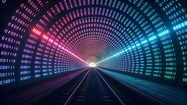 A tunnel of binary code with neon lights, creating a futuristic and technological atmosphere, perfect for representing data and innovation
