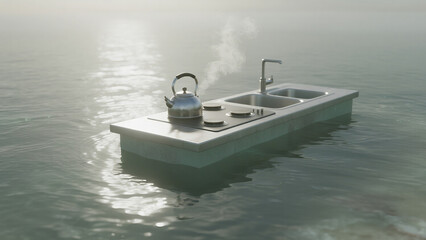 single kitchen counter floating in quiet ocean