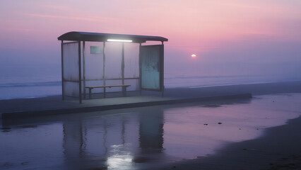 empty bus stop gently floating on a still ocean