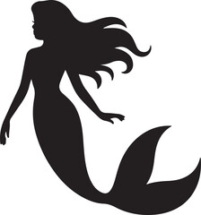 Black silhouette of a mermaid, fantasy sea woman figure design for graphics and artwork use.