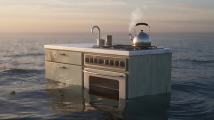 single kitchen counter floating in quiet ocean