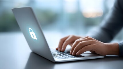 Close up view of hands actively using a laptop keyboard featuring a luminous security lock symbol on the screen signifying online safety and data confidentiality