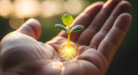 A close up of a hand holding a small plant with roots visible in a transparent sphere of water