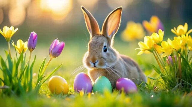 Easter bunny with painted eggs among tulips in spring garden