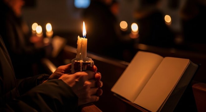Lit candle held in hand beside open book in church pew Light in dark
