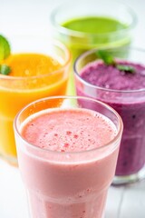 Colorful smoothies in glasses, showcasing vibrant flavors and healthy ingredients