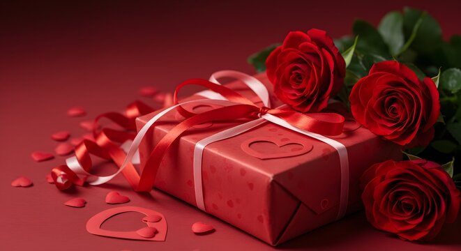Elegant red gift box with ribbon and roses, symbolizing love and romance.