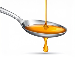 A golden cascade of rich, viscous honey gracefully pours onto a polished metal spoon, symbolizing natural sweetness, wholesome goodness, and pure indulgence